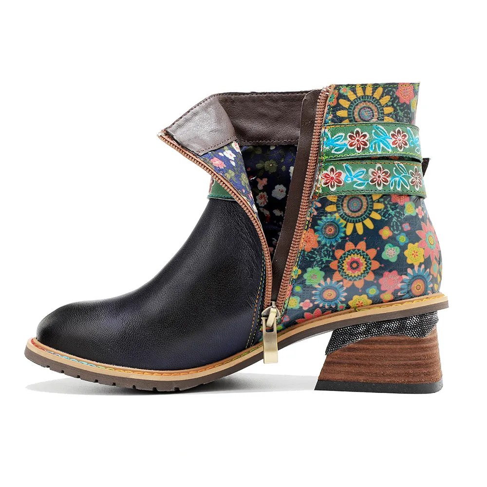 CrazycatZ Womens  Boots Bohemian Block Heels Leather Boots Colorful Leather Ankle Boots Black
