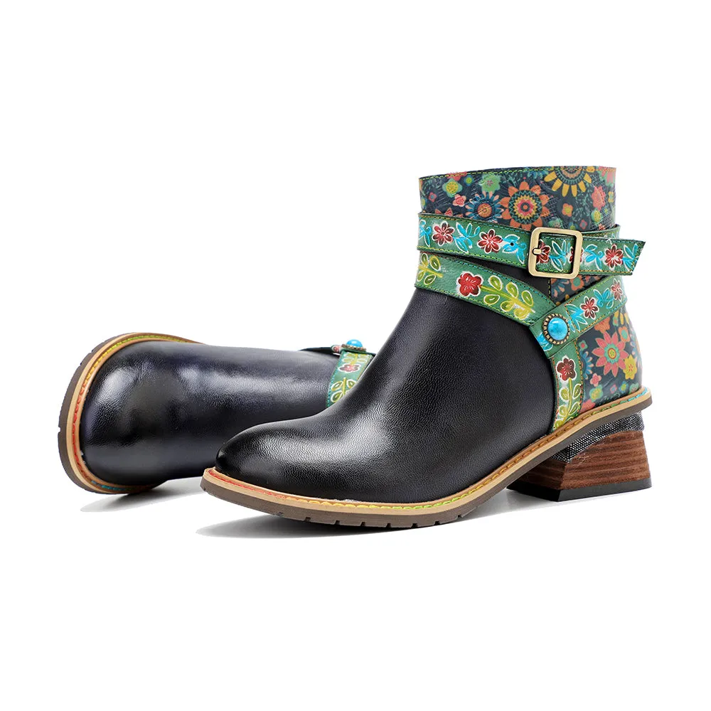 CrazycatZ Womens  Boots Bohemian Block Heels Leather Boots Colorful Leather Ankle Boots Black