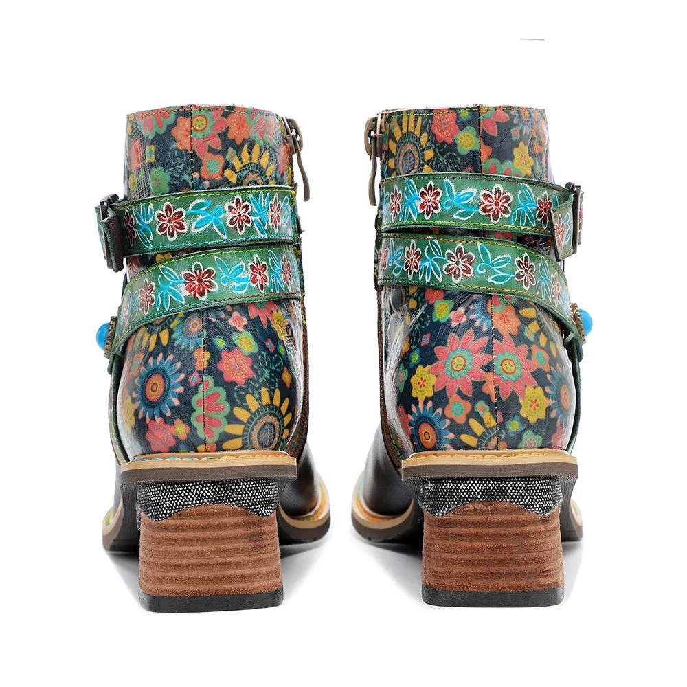 CrazycatZ Womens  Boots Bohemian Block Heels Leather Boots Colorful Leather Ankle Boots Black
