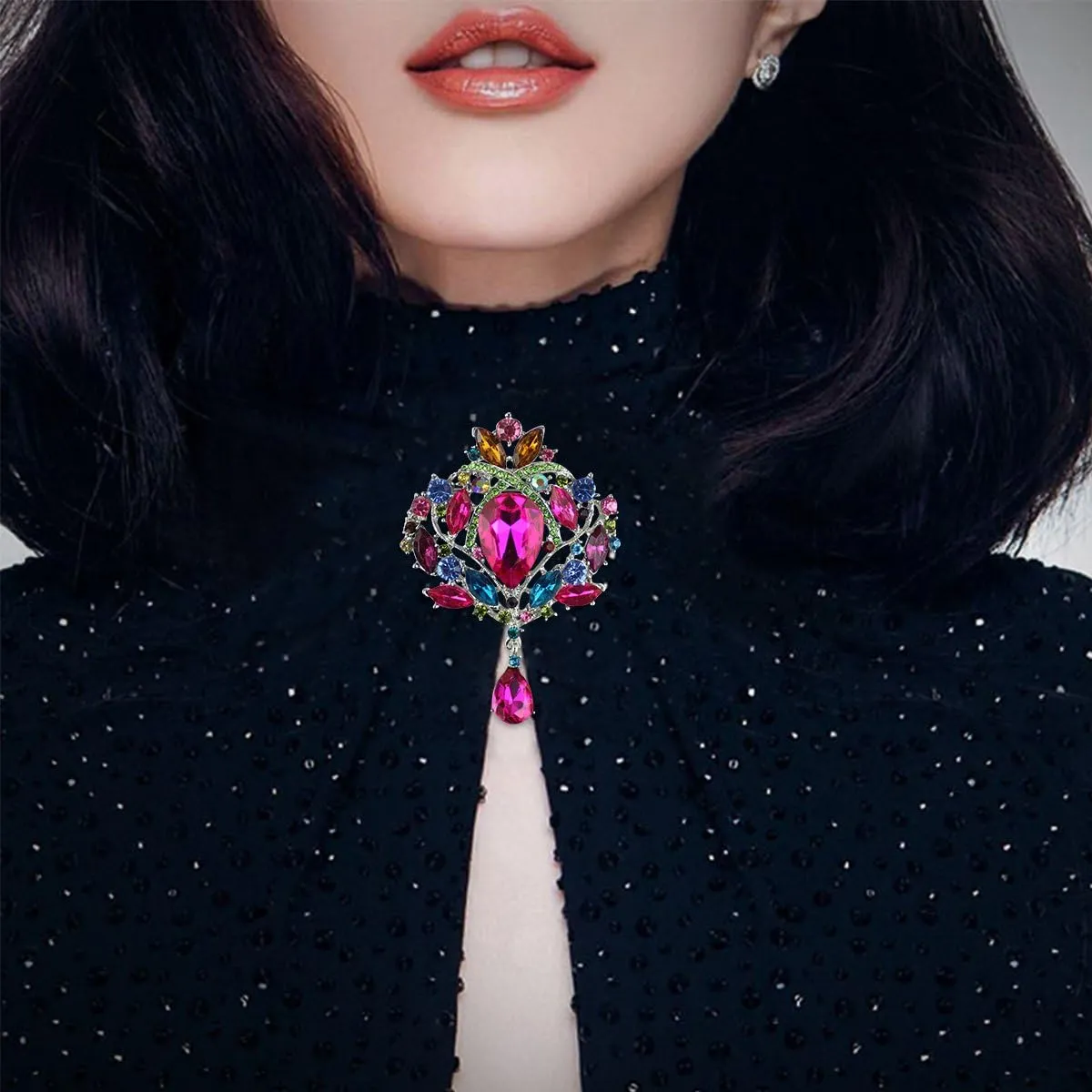 Created Crystal Brooch for Women Shiny Flower Teardrop Brooch Pin