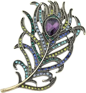 Created Crystal Peacock Feather Brooches for Women | Elegant Hat Brooches and Pins | Ideal for Wedding, Valentines Brooch & Christmas Pins | Hat Pins for Women | Greenish Blue