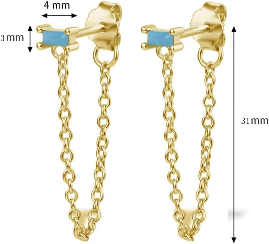 Cubic Zirconia Square Tassel Dangle Stud Earrings for Women Cartilage 925 Sterling Silver Crystal Rectangle Chain Link Drop Dangling Front Back Earring Sleeper Hypoallergenic Ear Jacket Studs Fashion Jewelry Gifts Birthday