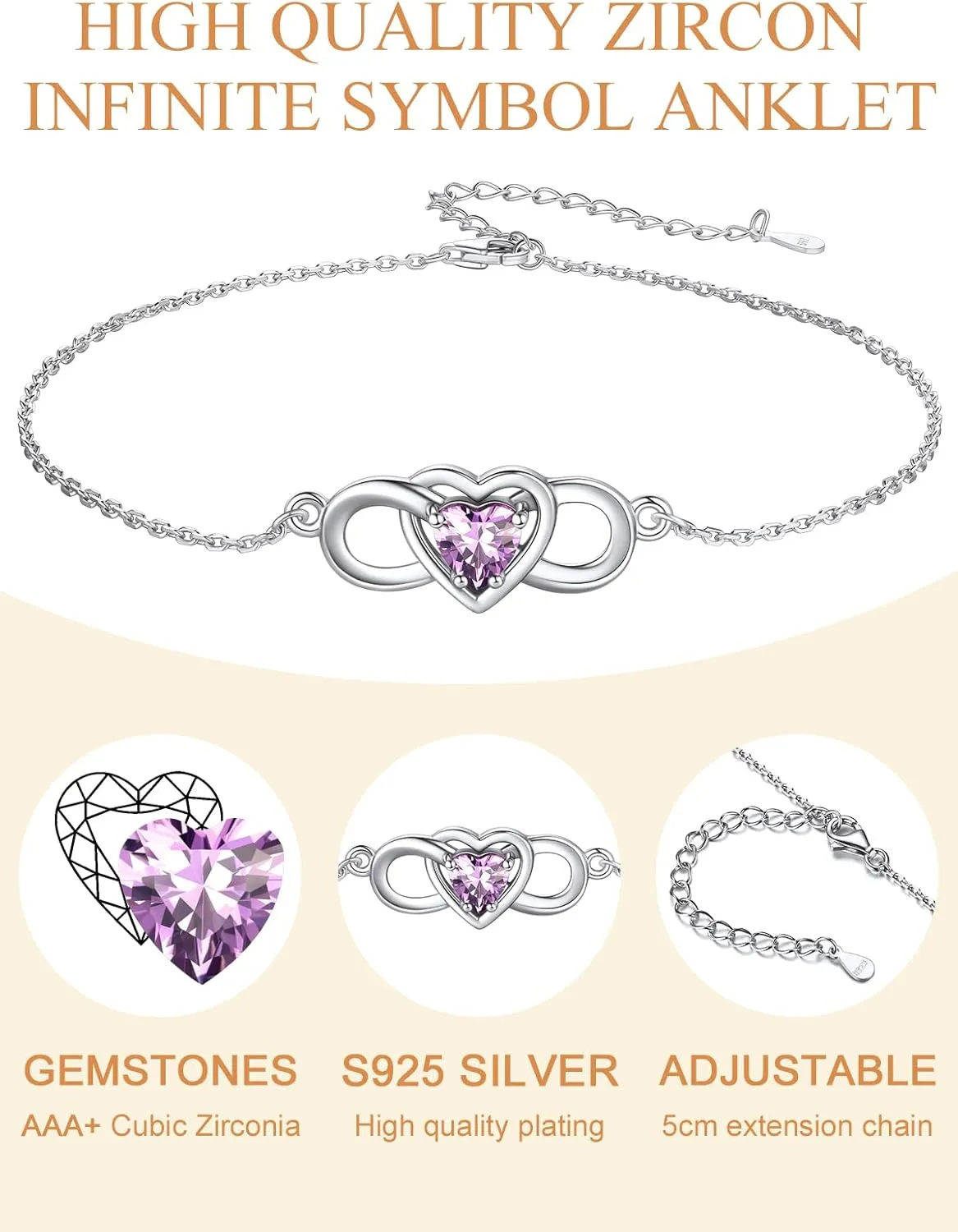 Custom4U Personalized Infinity Ankle Bracelets for Women 925 Sterling Silver Anklet Bracelet Endless Love Symbol Birthstone Charm Adjustable Foot Chain Jewelry Mothers Day Gifts for Mom Wife Women Her