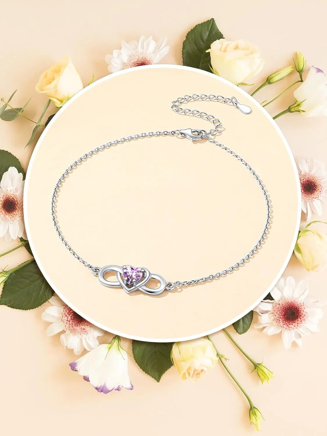 Custom4U Personalized Infinity Ankle Bracelets for Women 925 Sterling Silver Anklet Bracelet Endless Love Symbol Birthstone Charm Adjustable Foot Chain Jewelry Mothers Day Gifts for Mom Wife Women Her