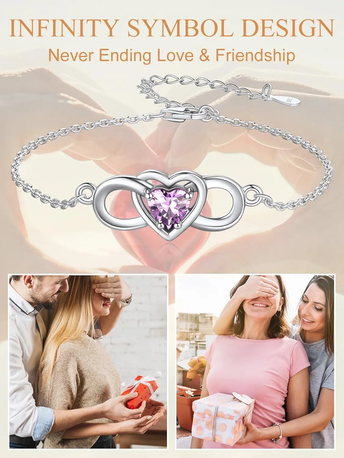 Custom4U Personalized Infinity Love Symbol Link Bracelets for Women 925 Sterling Silver Birthstone Bracelet Adjustable Engraved Chain Christmas Mother's Day Birthday Jewelry Gifts for Mom Her