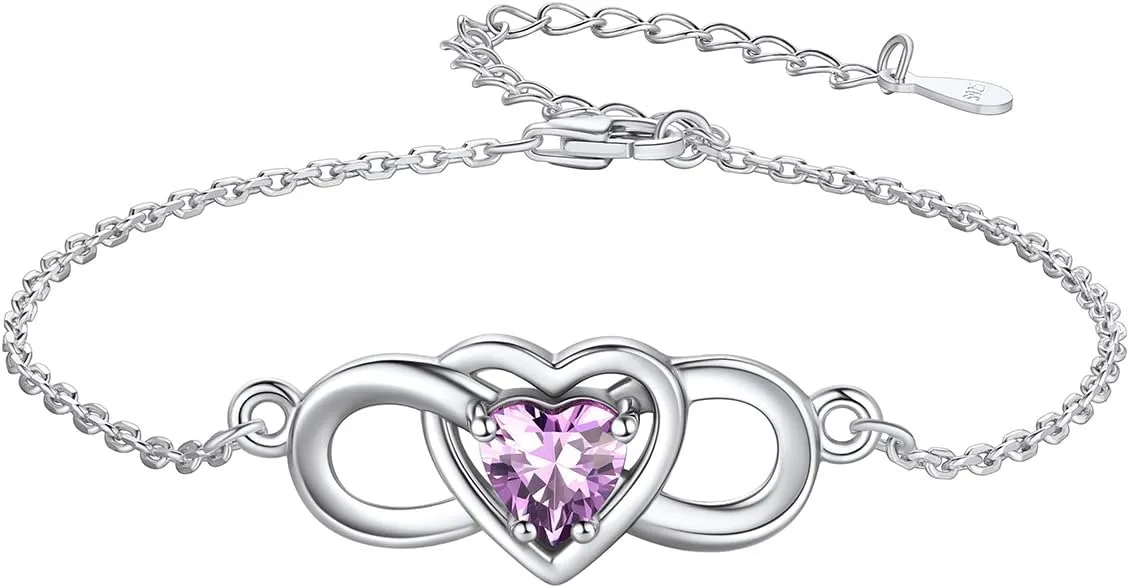 Custom4U Personalized Infinity Love Symbol Link Bracelets for Women 925 Sterling Silver Birthstone Bracelet Adjustable Engraved Chain Christmas Mother's Day Birthday Jewelry Gifts for Mom Her