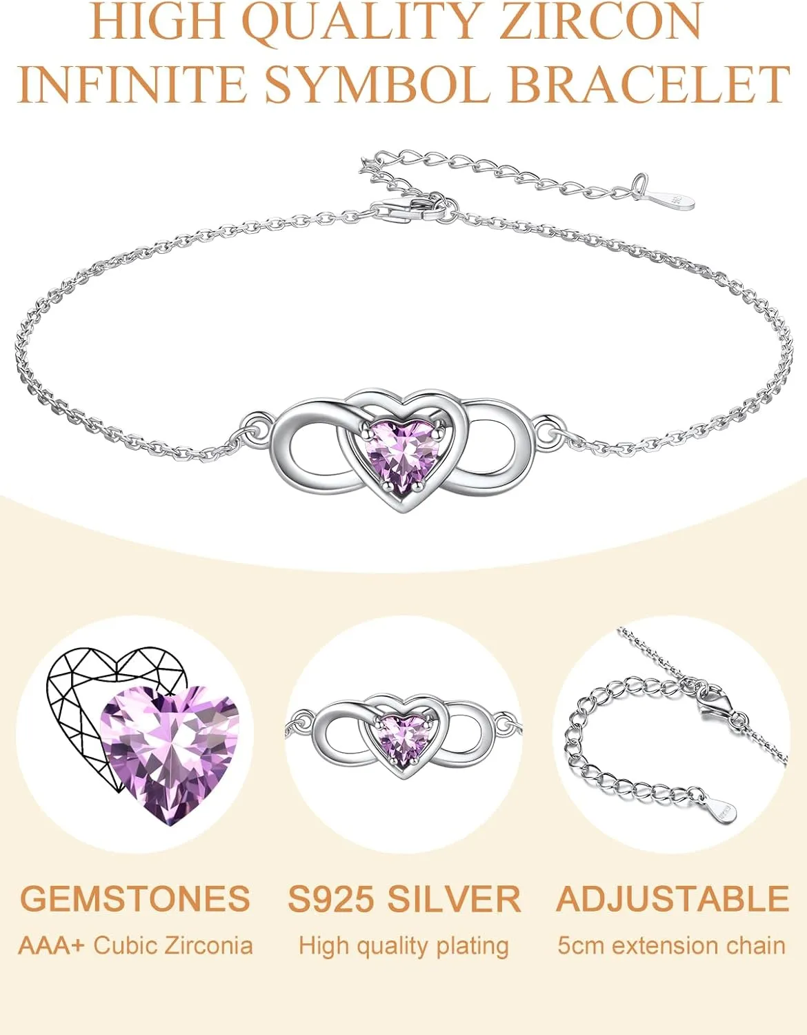 Custom4U Personalized Infinity Love Symbol Link Bracelets for Women 925 Sterling Silver Birthstone Bracelet Adjustable Engraved Chain Christmas Mother's Day Birthday Jewelry Gifts for Mom Her