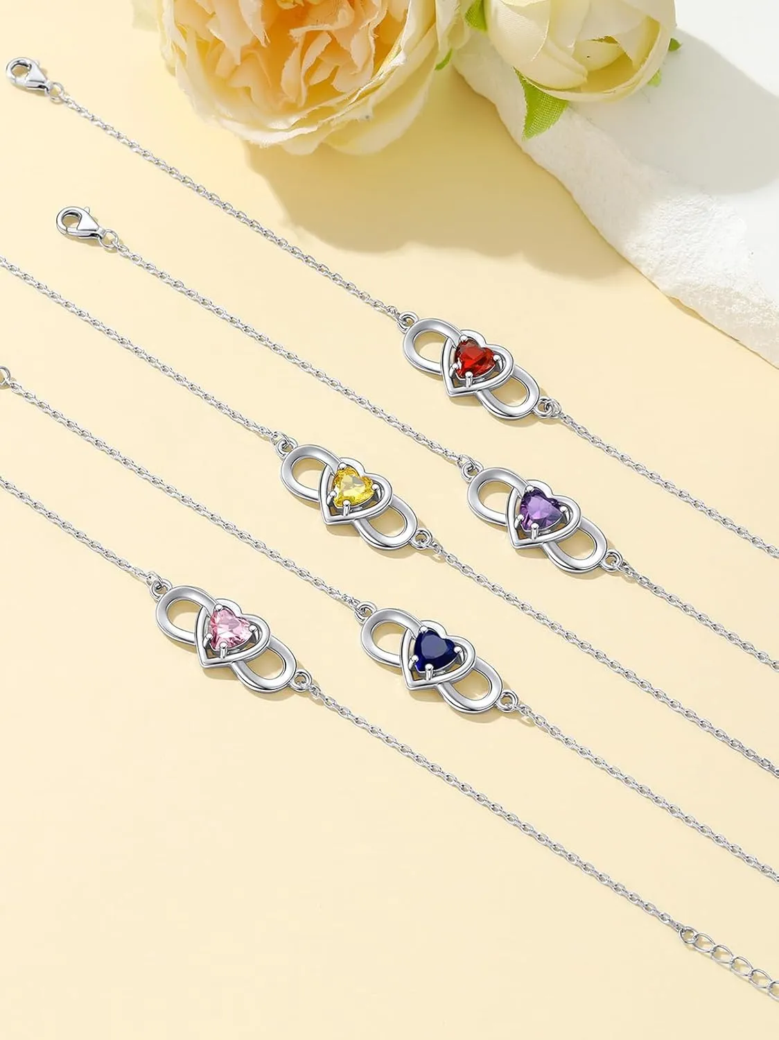 Custom4U Personalized Infinity Love Symbol Link Bracelets for Women 925 Sterling Silver Birthstone Bracelet Adjustable Engraved Chain Christmas Mother's Day Birthday Jewelry Gifts for Mom Her