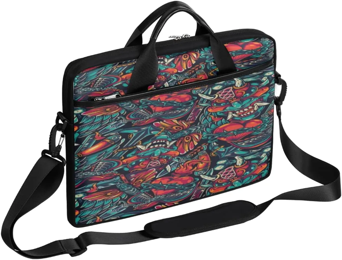 Cyan Flower Grid Laptop Shoulder Messenger Bag Waterproof Laptop Briefcase with Handle and Padded Strap Case Sleeve