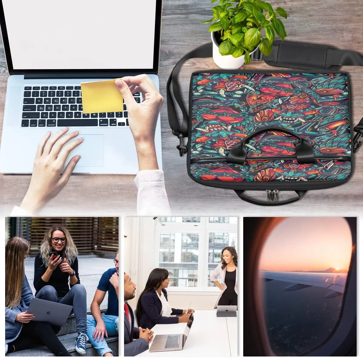 Cyan Flower Grid Laptop Shoulder Messenger Bag Waterproof Laptop Briefcase with Handle and Padded Strap Case Sleeve