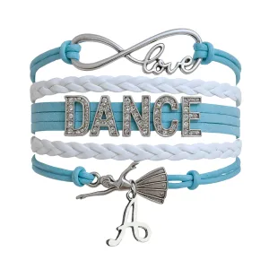 Dance Accessories  Love Infinity Bracelet for Girls, Teens  Adjustable Aqua Blue and White Braided Leather with Rhinestone Dance Charm, Ballerina Pendant and Personalized Initial  Gift for Dancers