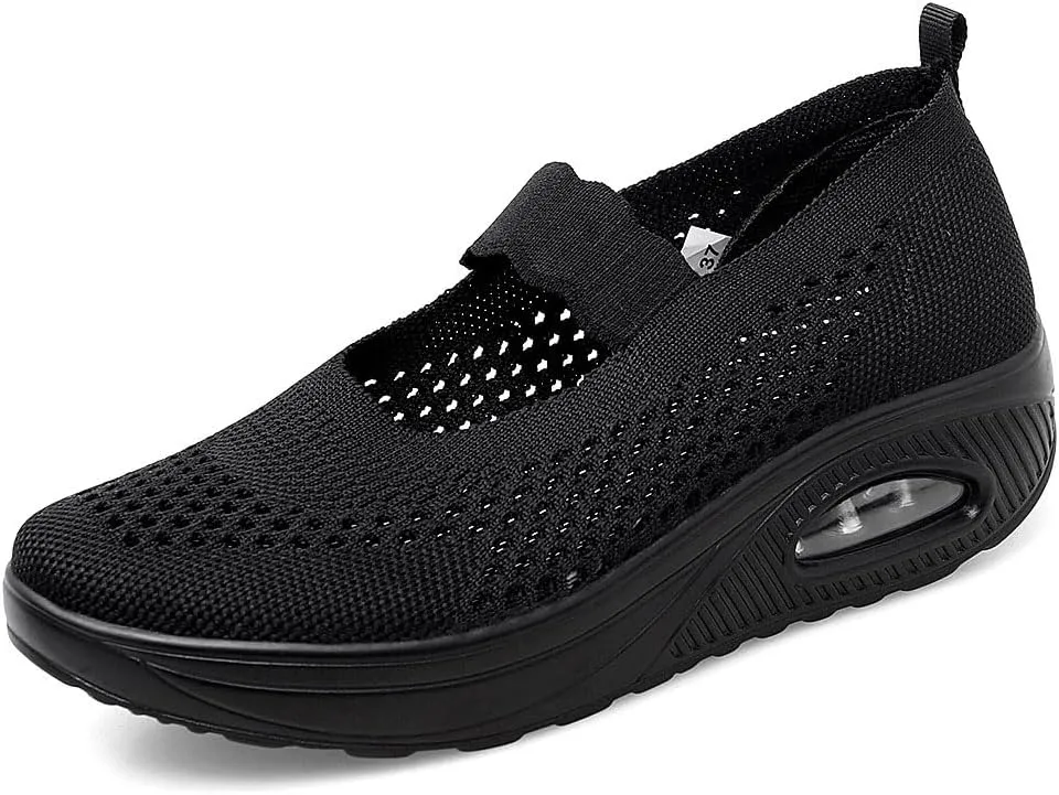 DESESE Women's Platform Breathable Mesh Air Cushion Sneakers Lightweight Wedge Mary Jane Shoes Casual Non-Slip Slip On Walking Shoes Nurse Work Shoes