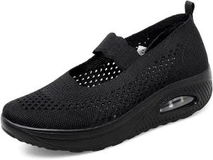 DESESE Women's Platform Breathable Mesh Air Cushion Sneakers Lightweight Wedge Mary Jane Shoes Casual Non-Slip Slip On Walking Shoes Nurse Work Shoes