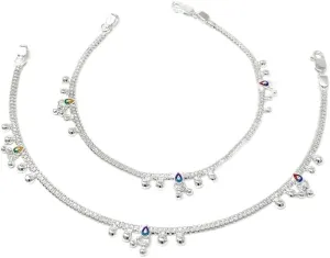 Duel On Jewel Traditional Indian Womens Sterling Silver Chain Charms Anklet Payal Sets, 925 Stamped Pure Silver, Everyday Comfort, 10-Inch, Ideal for Party, Wedding, Dance, Beach, and Gift Jewelry