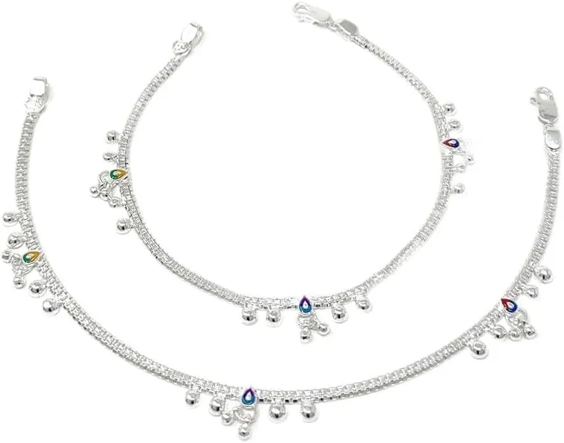 Duel On Jewel Traditional Indian Womens Sterling Silver Chain Charms Anklet Payal Sets, 925 Stamped Pure Silver, Everyday Comfort, 10-Inch, Ideal for Party, Wedding, Dance, Beach, and Gift Jewelry