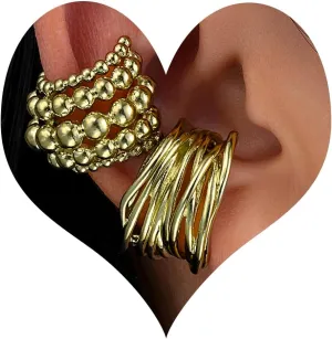 Ear Cuffs Non Piercing for Women 2PCS Beaded Statement Earrings Gold Silver Hollow Out Party Punk Jewelry
