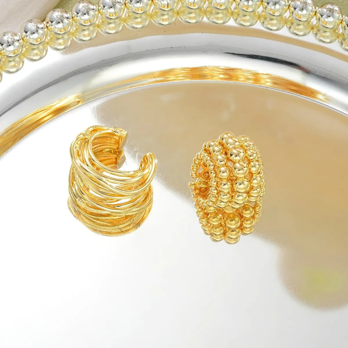 Ear Cuffs Non Piercing for Women 2PCS Beaded Statement Earrings Gold Silver Hollow Out Party Punk Jewelry