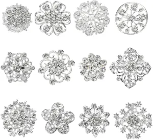 eMagTech 12Pcs Crystal Button Brooches Flower Brooch Floriated Brooches Pin Rhinestone Corsage Bouquet Kit Decorative Accessories for Clothing Scarves Hats Zinc Alloy