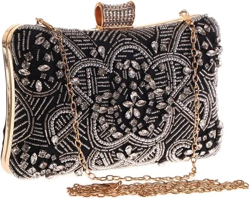 Embroidery Vintage Women Evening Bags with Diamonds Party Handbags Beading Metal Day Clutch Purse(E)