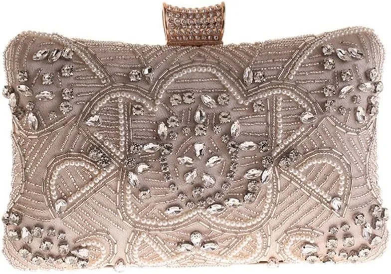Embroidery Vintage Women Evening Bags with Diamonds Party Handbags Beading Metal Day Clutch Purse(E)
