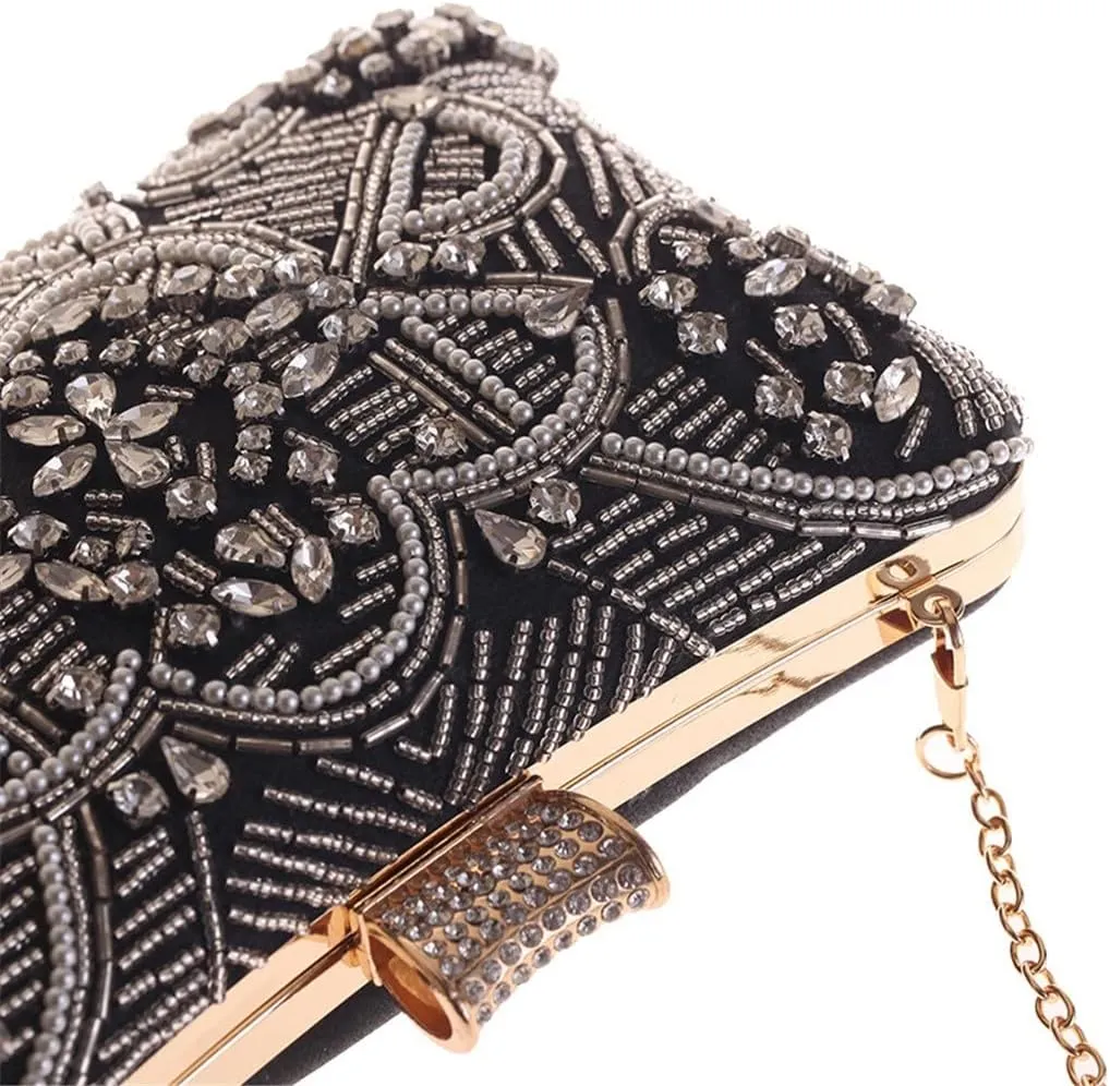 Embroidery Vintage Women Evening Bags with Diamonds Party Handbags Beading Metal Day Clutch Purse(E)