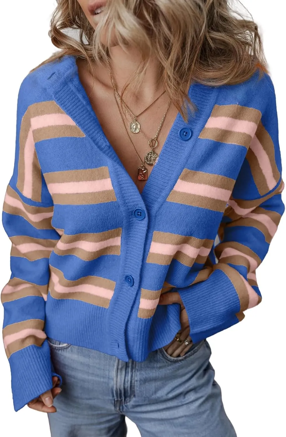 EVALESS Women's Striped Cardigan Sweaters Trendy Lightweight Chunky Knit Cropped Sweaters Outfits Outerwear Coats