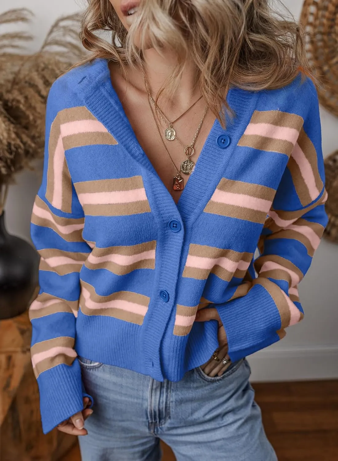 EVALESS Women's Striped Cardigan Sweaters Trendy Lightweight Chunky Knit Cropped Sweaters Outfits Outerwear Coats