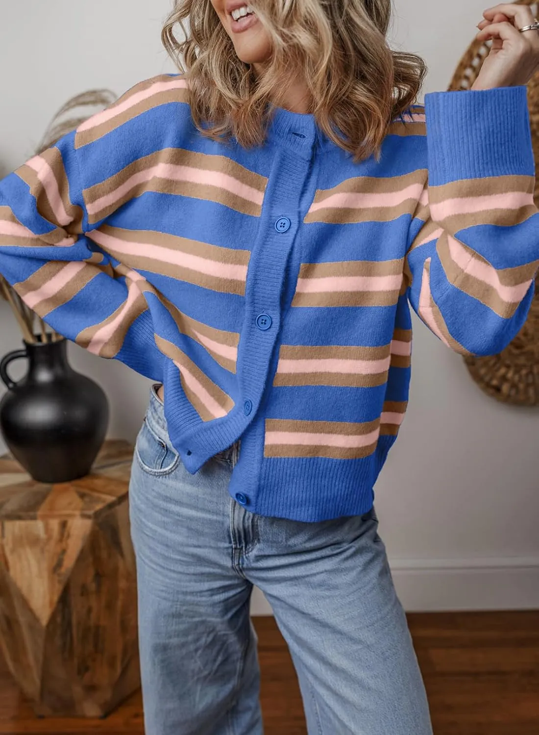 EVALESS Women's Striped Cardigan Sweaters Trendy Lightweight Chunky Knit Cropped Sweaters Outfits Outerwear Coats