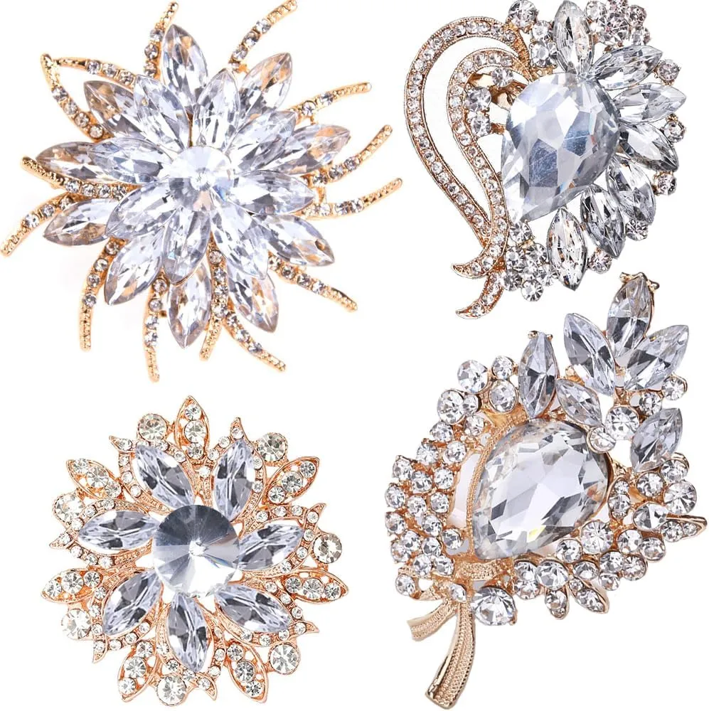 Ezing 4 Pieces Lot Large Big Silver Gold Plated Assorted Crystal Rhinestones Brooch Pins Set