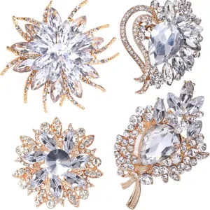 Ezing 4 Pieces Lot Large Big Silver Gold Plated Assorted Crystal Rhinestones Brooch Pins Set
