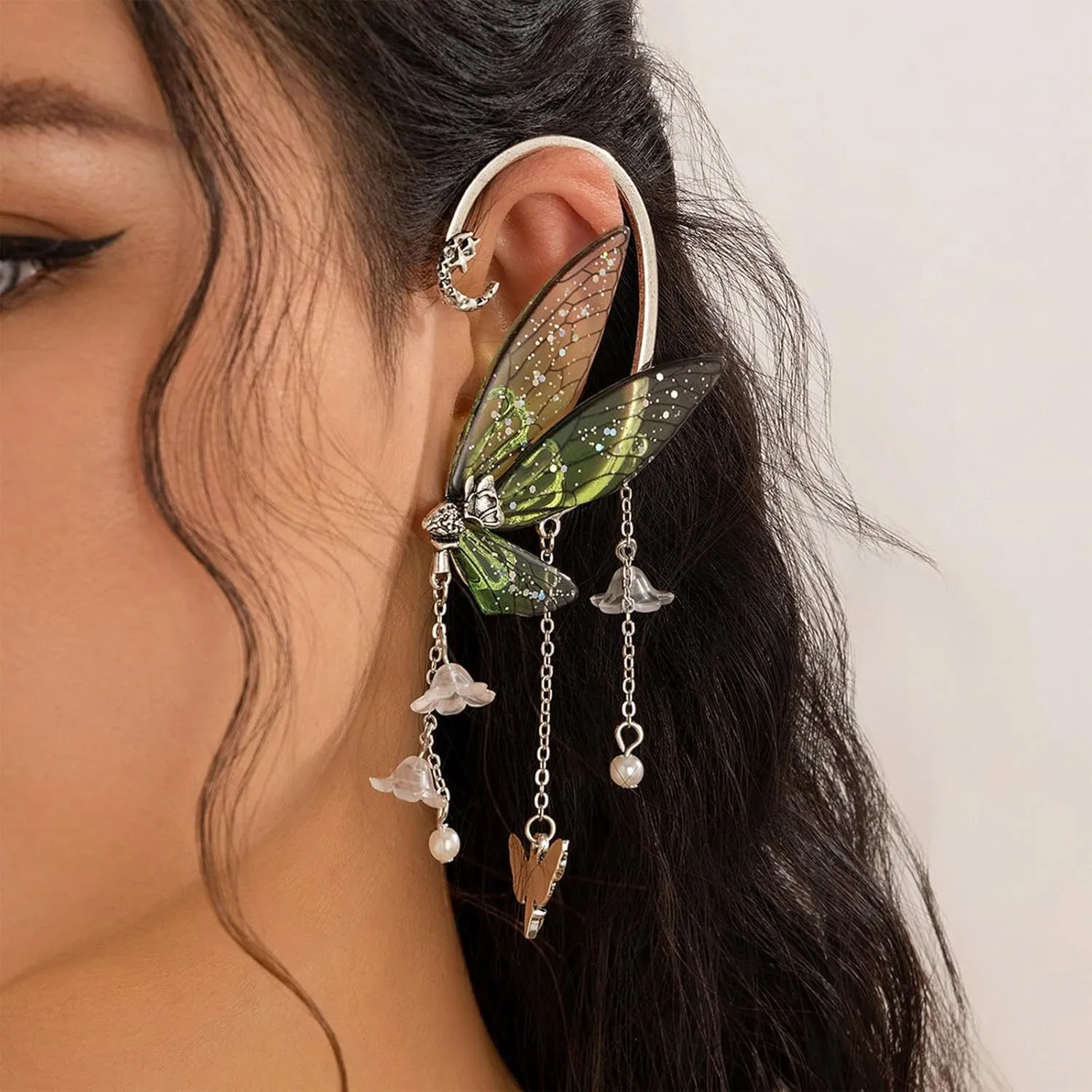 Fairy Earrings for Women Halloween Fairy Costume for Women Non Pierced Elf Ear Cuffs Butterfly Wings Tassel Earrings Cosplay Jewelry Gifts