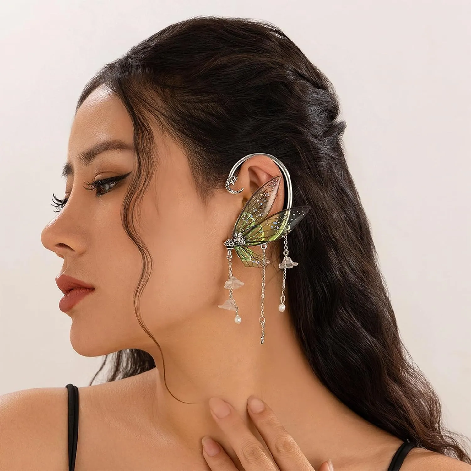 Fairy Earrings for Women Halloween Fairy Costume for Women Non Pierced Elf Ear Cuffs Butterfly Wings Tassel Earrings Cosplay Jewelry Gifts