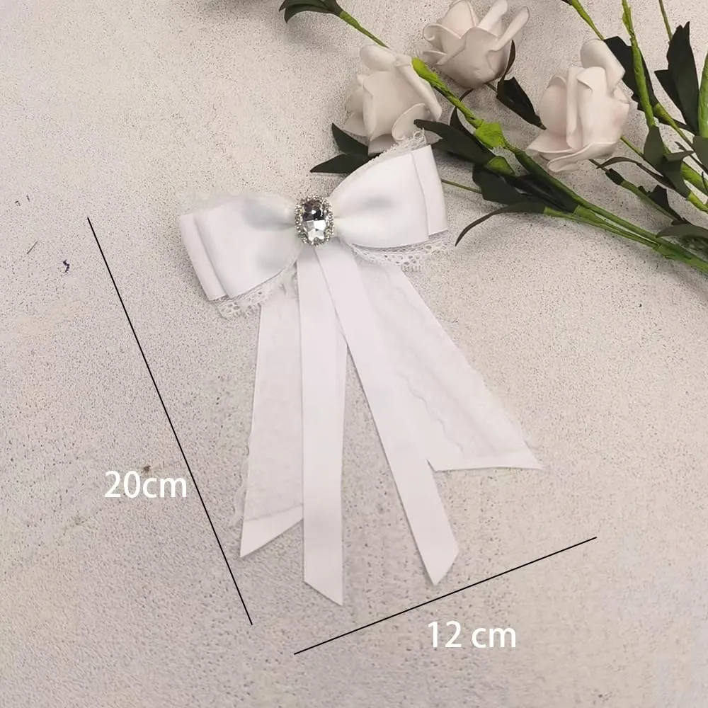 Fashion Ribbon Bow Tie Brooch Pins for Women Girls Crystal Lace Uniform Pre-Tied Necktie Bowknot Corsage Brooches Party Ceremony Accessories Christmas Birthday Elegant Accessory