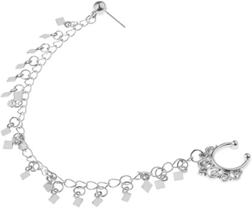 Fashionable Nose Ring Studs with Ear to Nose Clip Chain Tassel Link Earrings