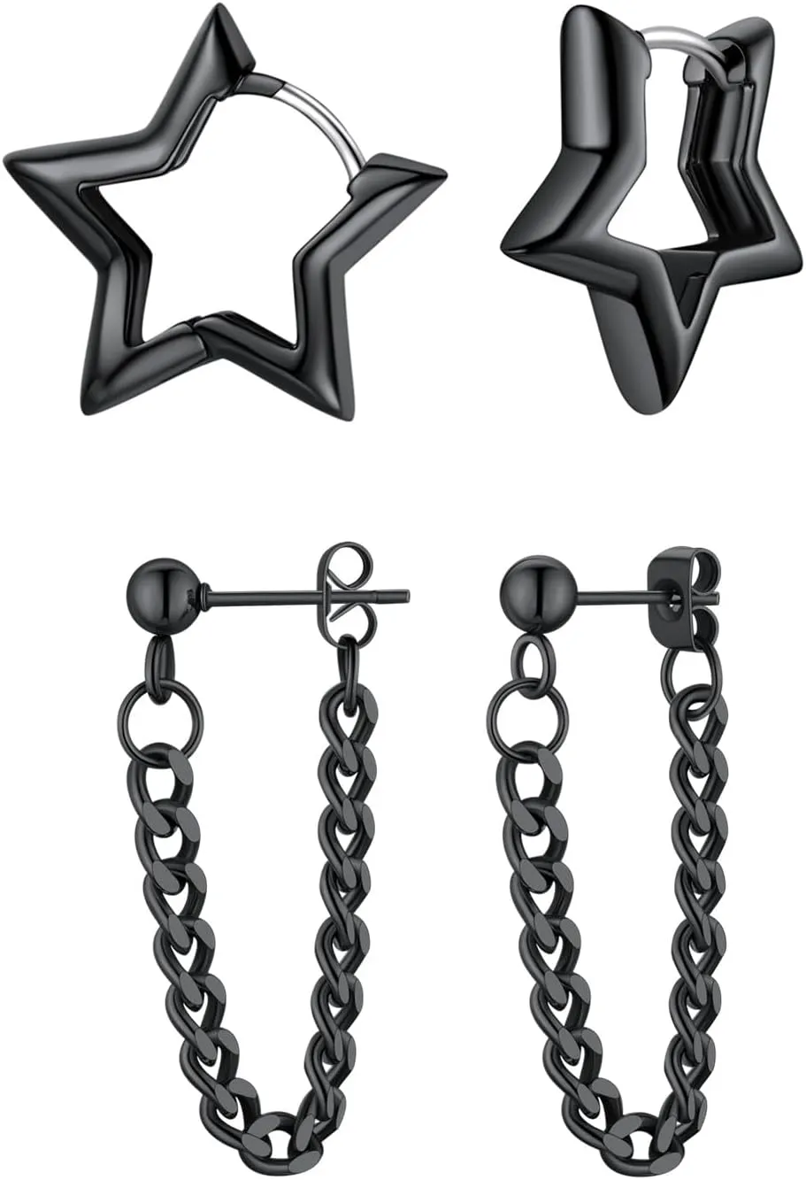 FindChic Black Star Hoop Earrings, Modern Hoop and Dangle, Stainless Steel, 19mm, 2 Count
