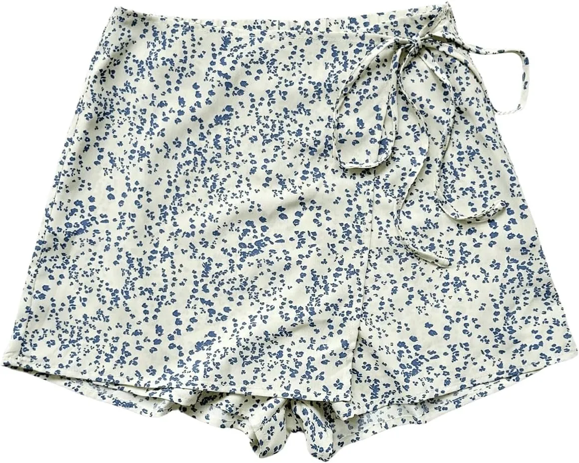 Floerns Women's Solid Wrap Front Linen Skirt Shorts Drawstring Knot Side Skort Shorts