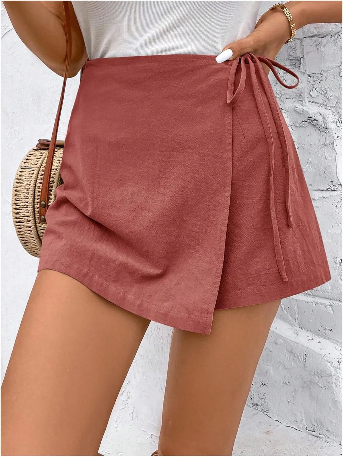 Floerns Women's Solid Wrap Front Linen Skirt Shorts Drawstring Knot Side Skort Shorts