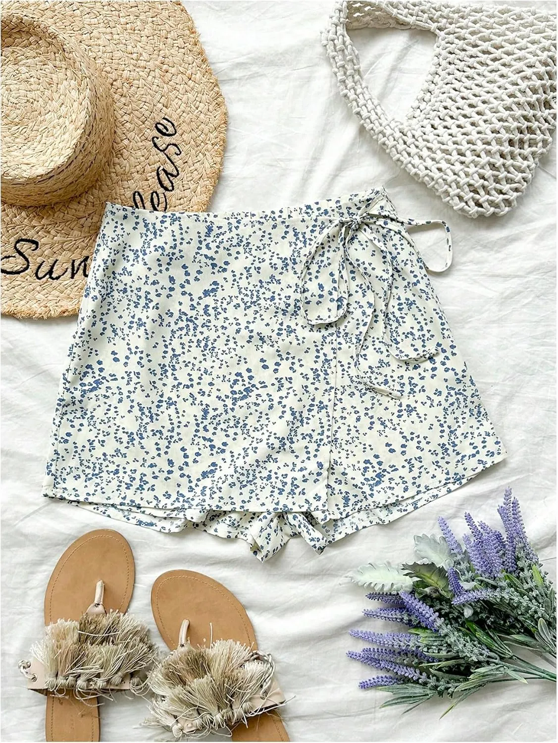 Floerns Women's Solid Wrap Front Linen Skirt Shorts Drawstring Knot Side Skort Shorts