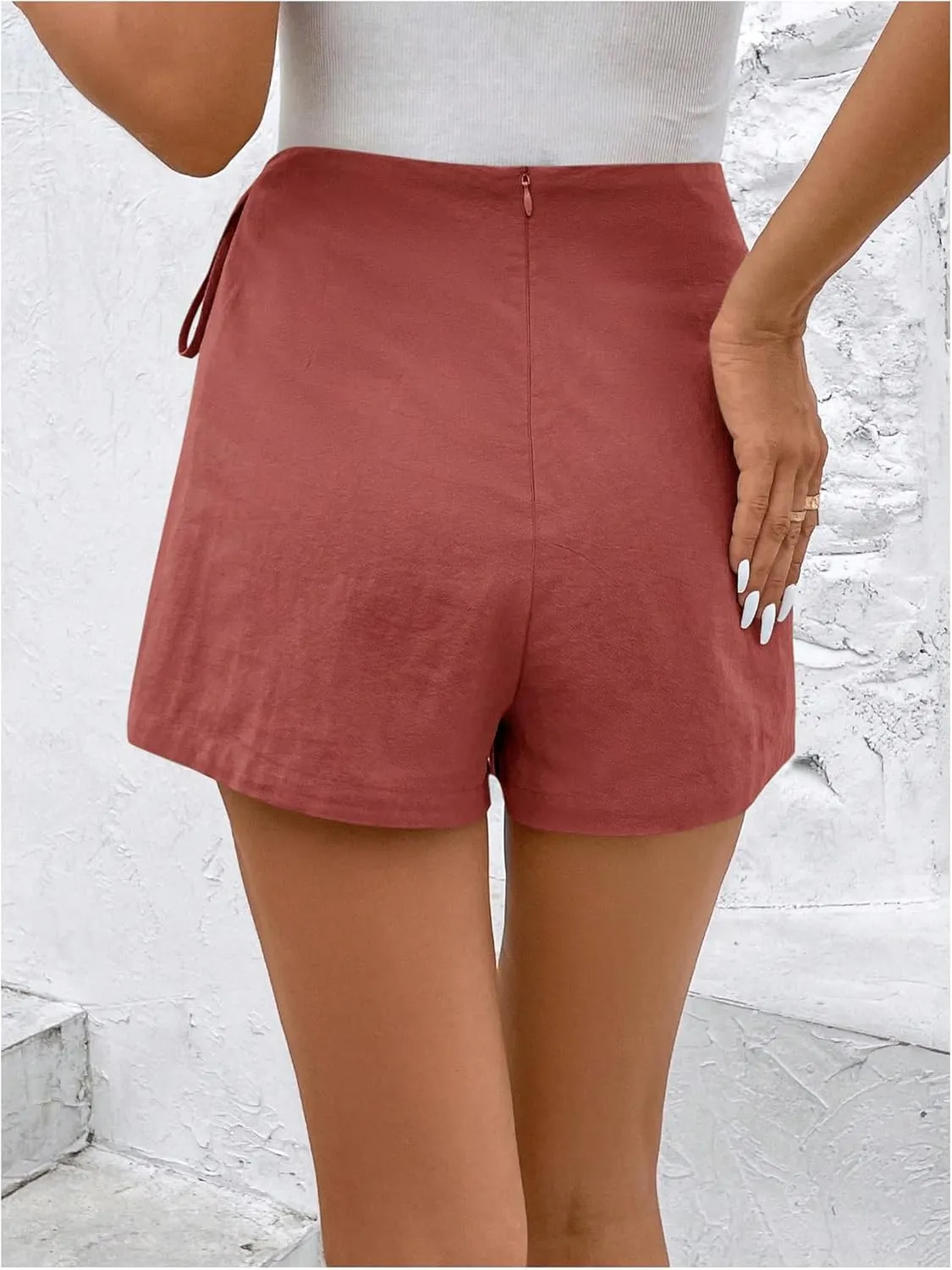Floerns Women's Solid Wrap Front Linen Skirt Shorts Drawstring Knot Side Skort Shorts
