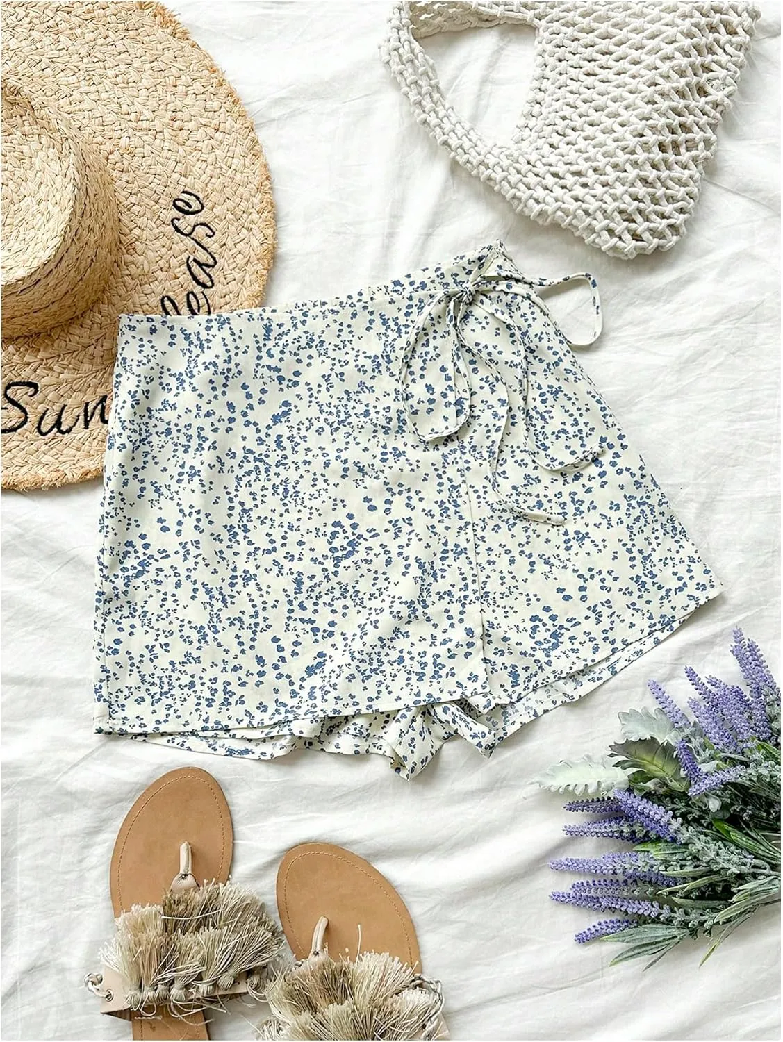 Floerns Women's Solid Wrap Front Linen Skirt Shorts Drawstring Knot Side Skort Shorts