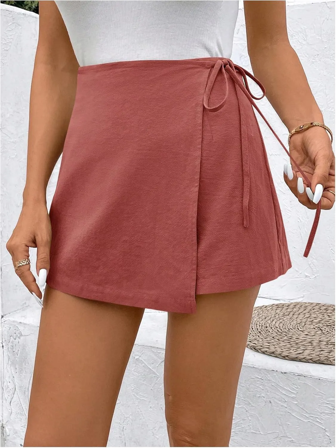 Floerns Women's Solid Wrap Front Linen Skirt Shorts Drawstring Knot Side Skort Shorts