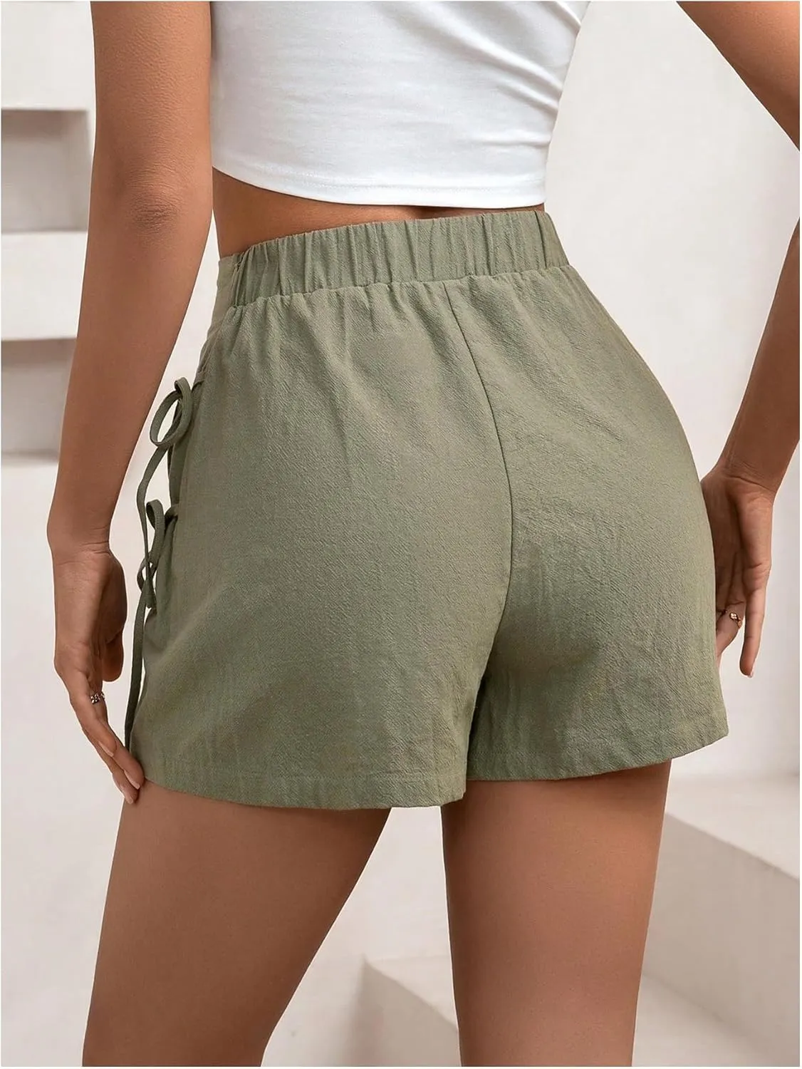 Floerns Women's Solid Wrap Front Linen Skirt Shorts Drawstring Knot Side Skort Shorts