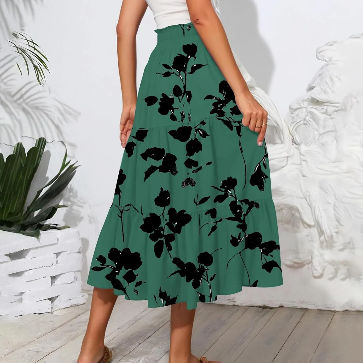Floral Maxi Skirt for Women Summer Comfy Tiered Elastic High Waisted Skirts Vacation A-Line Flowy Swing Long Skirts