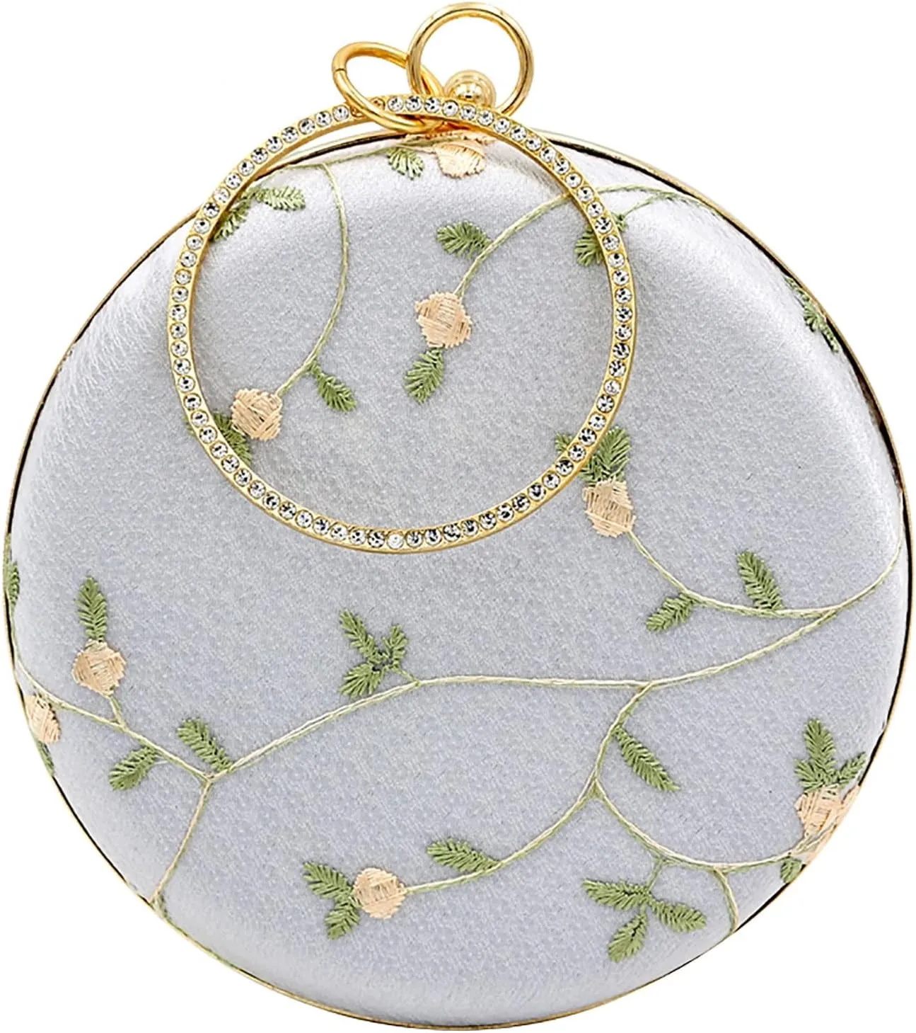 Flowers and Leaf Evening Bags Womens Clutch Handbag Crossbody Bag, Lady Party Wedding Purse with Round Metal Handle (Color : Gray)