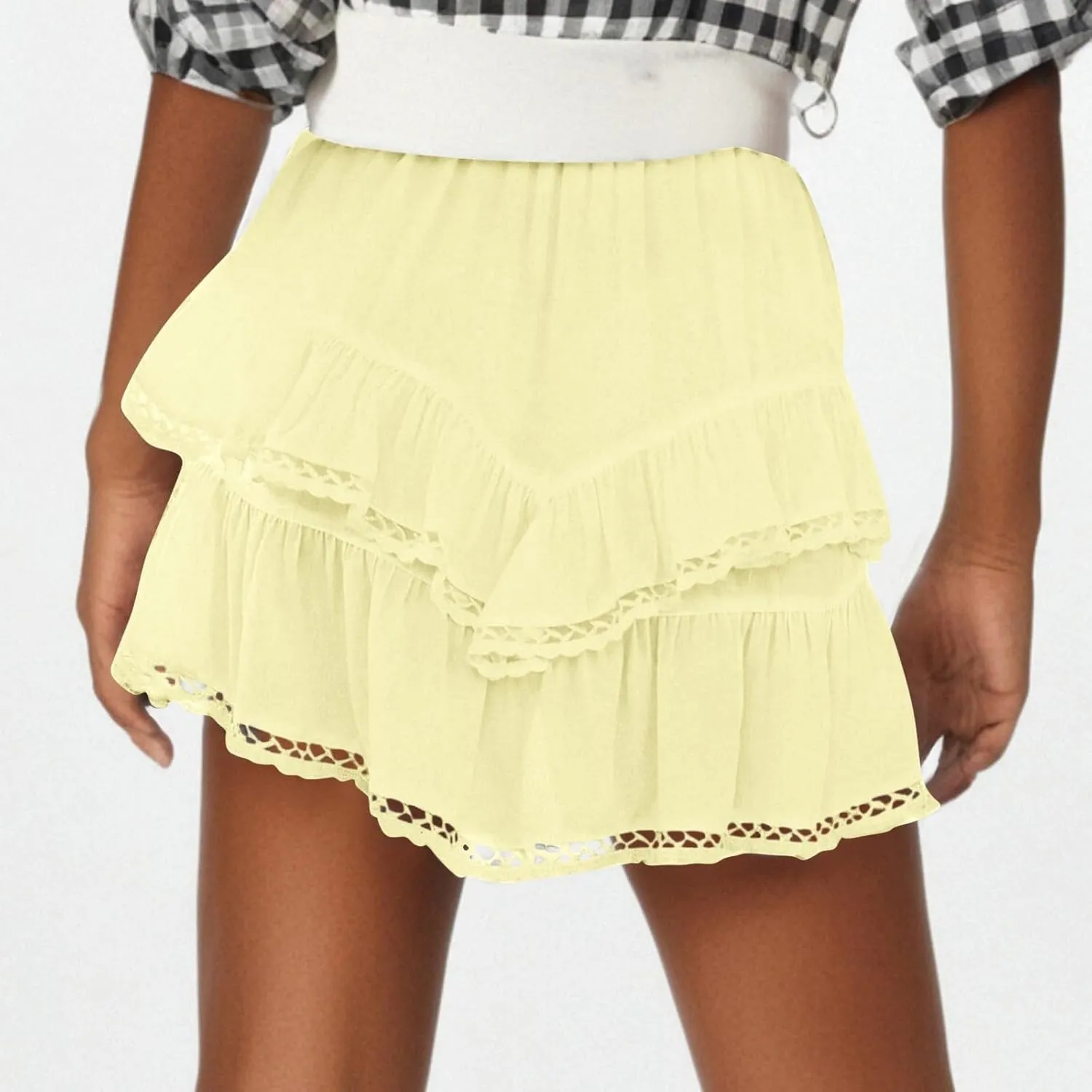 Flowy Shorts for Women Casual Boho Ruffle Tiered Solid Color Skorts High Waist Mini Skirts Golf Tennis Summer Skirt