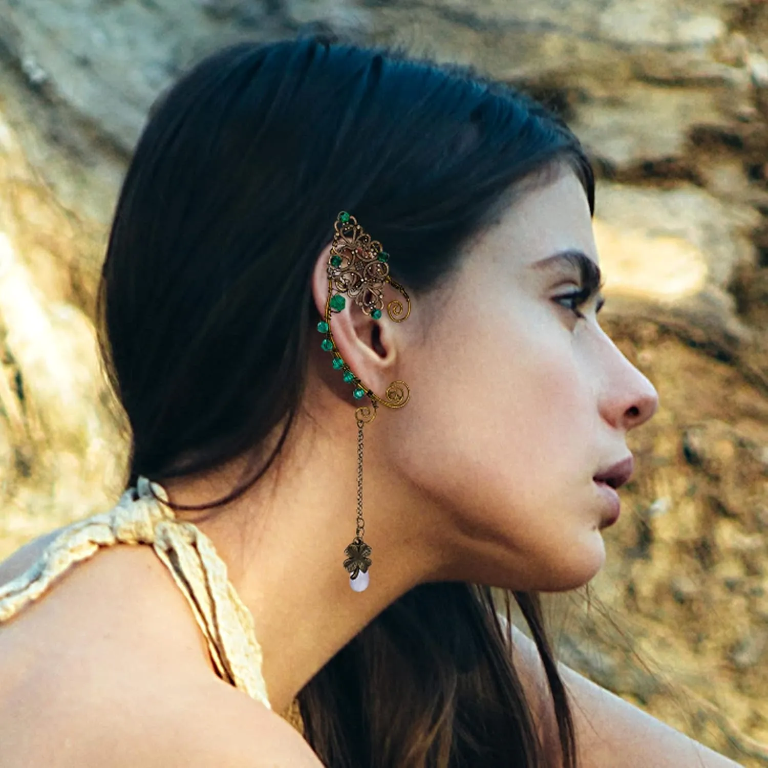 FRESHME Fairy Elf Ear Cuffs - Handmade Bronze Antique Vintage Cuffs Drop Dangling Ear Clips Wraps for Women s Costume
