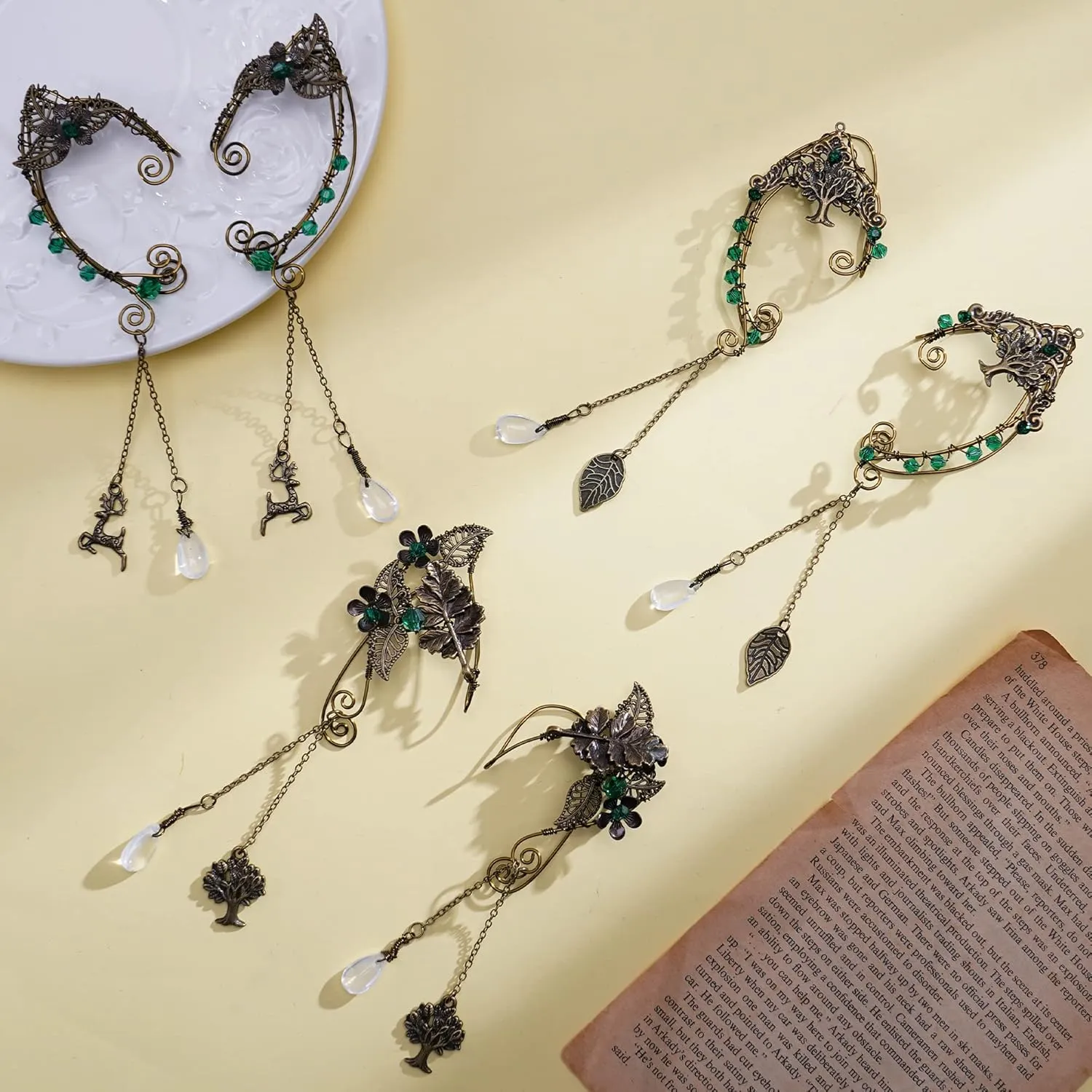 FRESHME Fairy Elf Ear Cuffs - Handmade Bronze Antique Vintage Cuffs Drop Dangling Ear Clips Wraps for Women s Costume