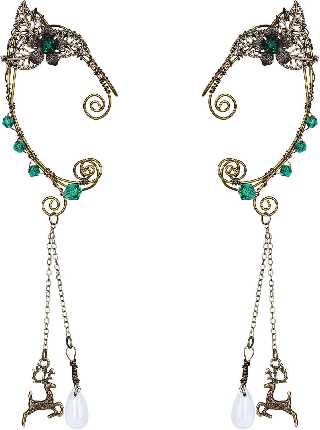 FRESHME Fairy Elf Ear Cuffs - Handmade Bronze Antique Vintage Cuffs Drop Dangling Ear Clips Wraps for Women s Costume