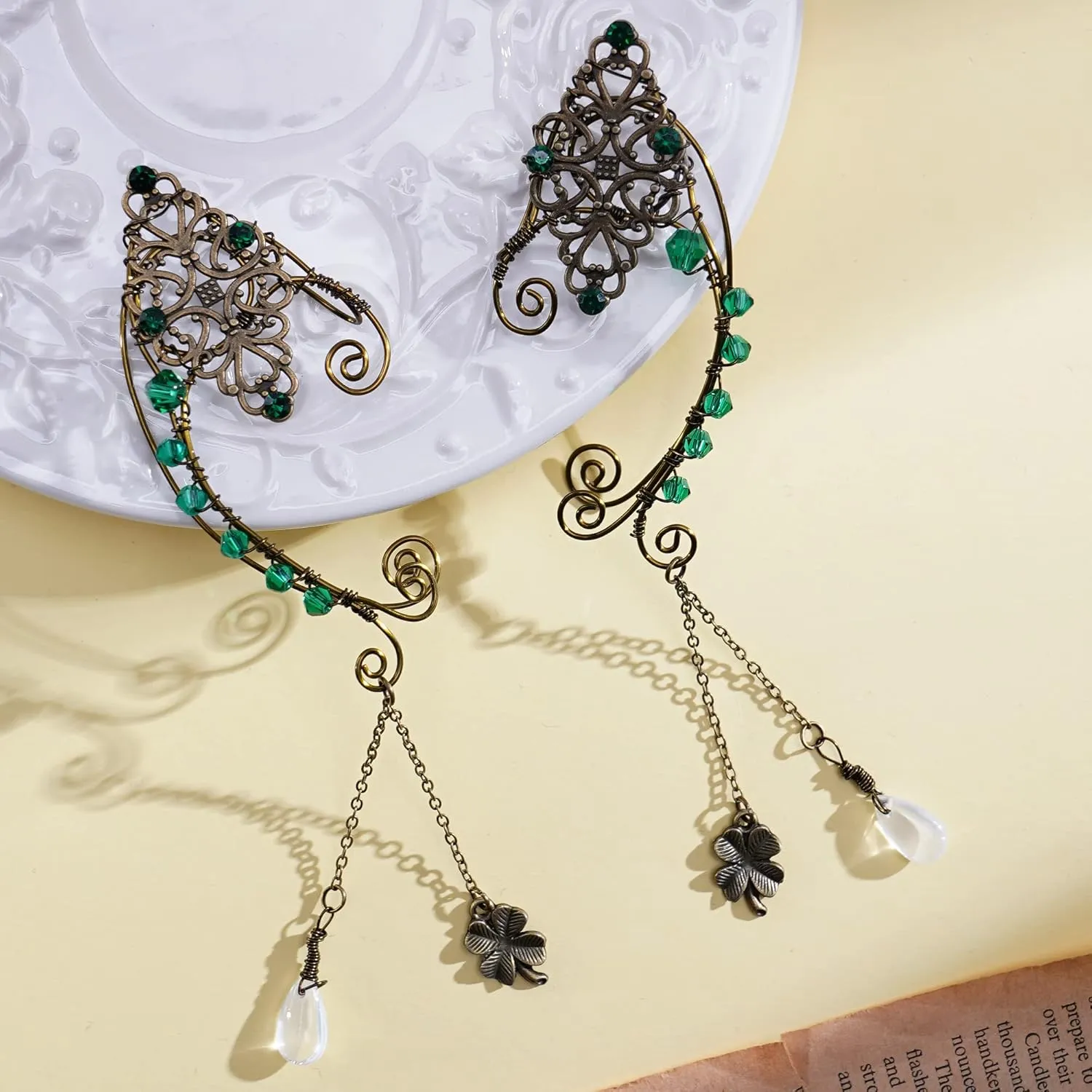 FRESHME Fairy Elf Ear Cuffs - Handmade Bronze Antique Vintage Cuffs Drop Dangling Ear Clips Wraps for Women s Costume