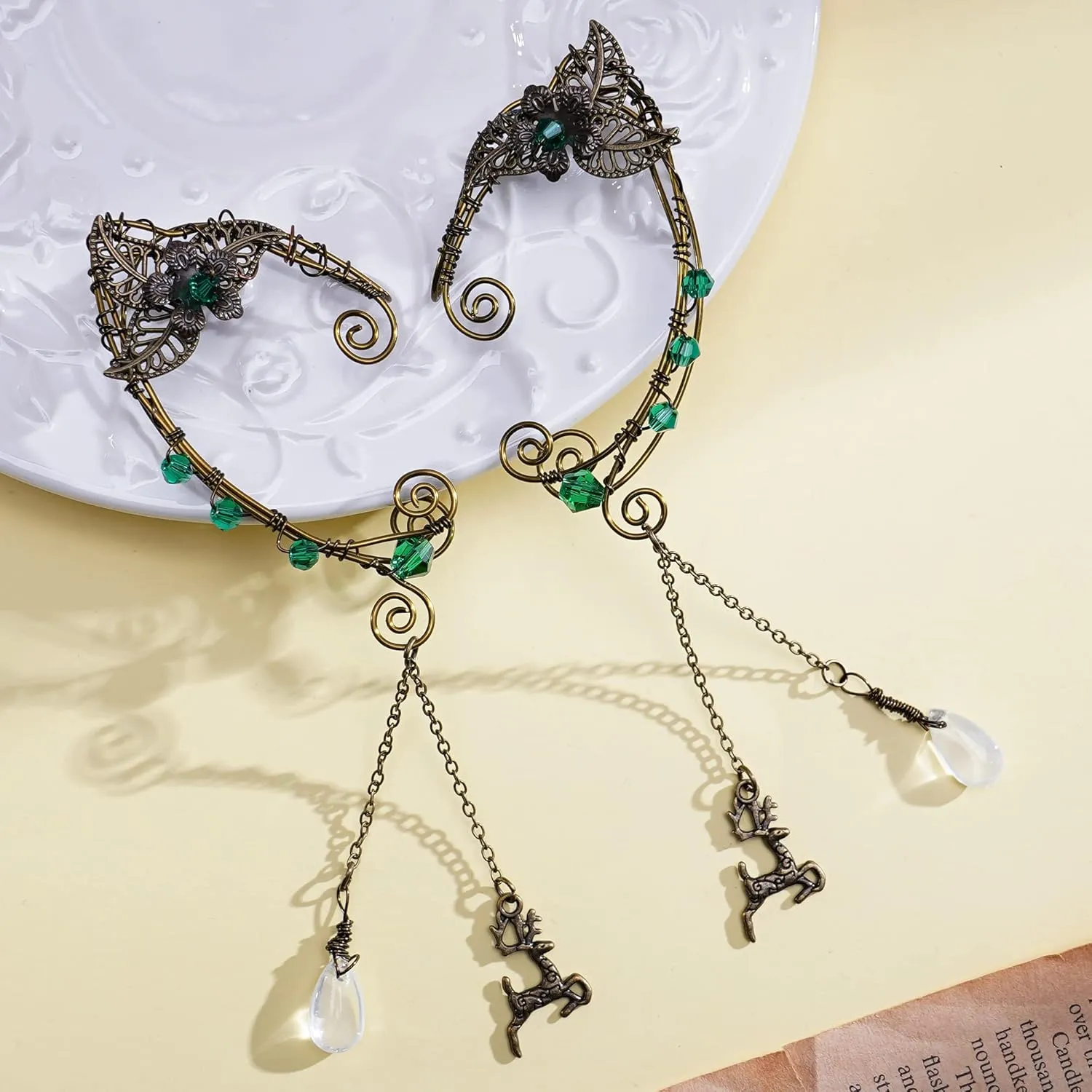 FRESHME Fairy Elf Ear Cuffs - Handmade Bronze Antique Vintage Cuffs Drop Dangling Ear Clips Wraps for Women s Costume